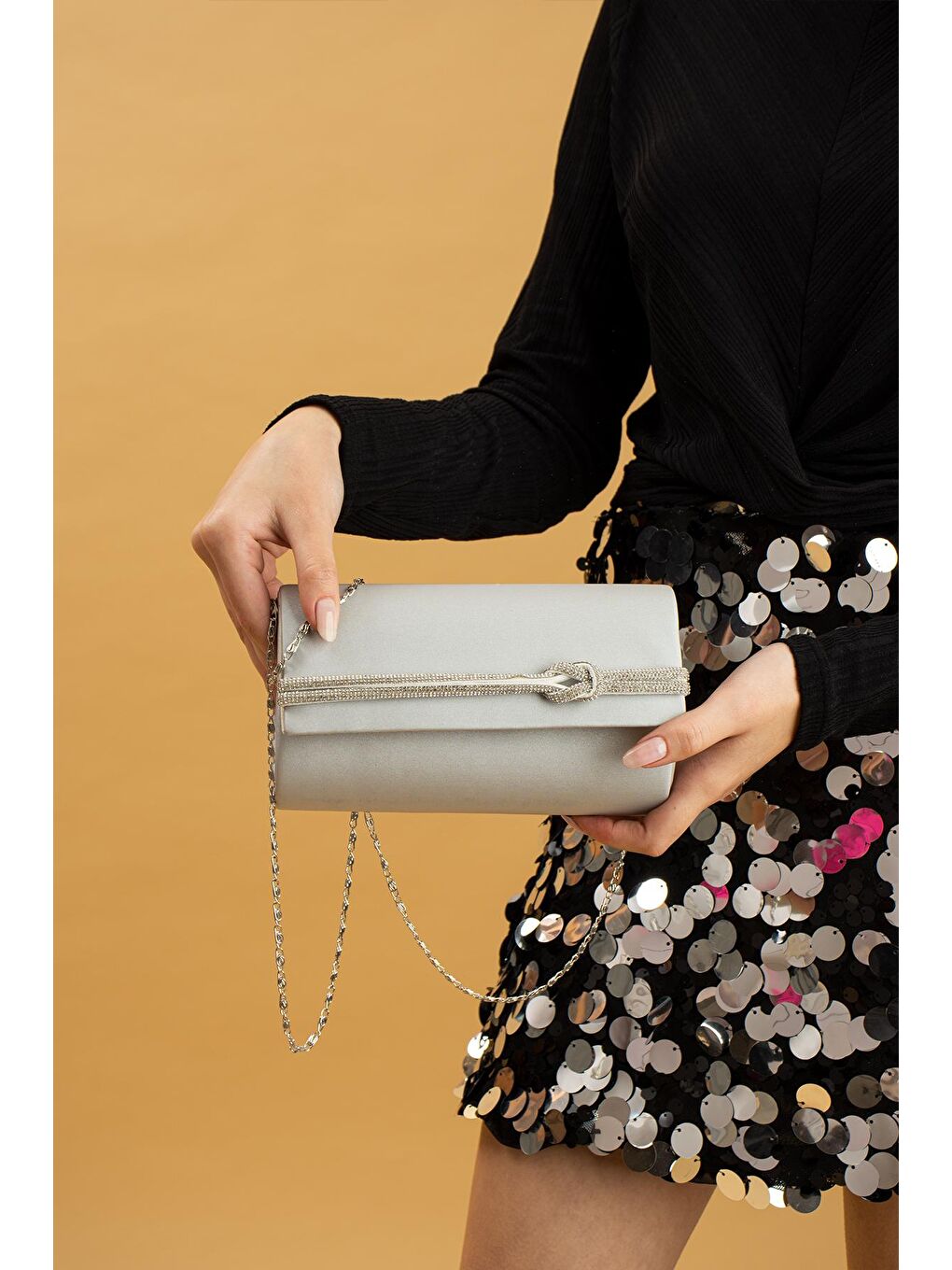 Gri Taşlı Düğüm Biye Silindir Kadın Abiye Gece Çantası BAG525-23-1