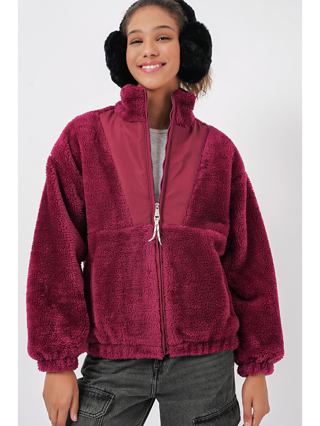 5194 Kadın Pelüş Mont Ceket   Mürdüm