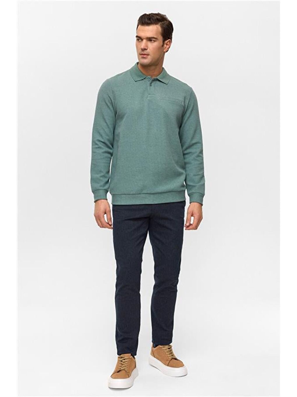Haki Regular Armürlü Polo Yaka Sweatshirt-5