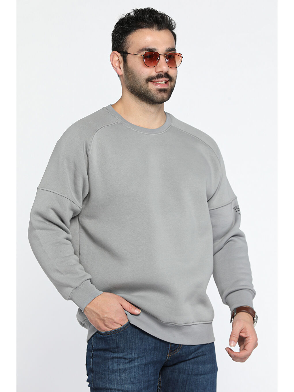 Mishar İtalia Gri Bisiklet Yaka 3 İplik Şardonlu Sweatshirt - 1