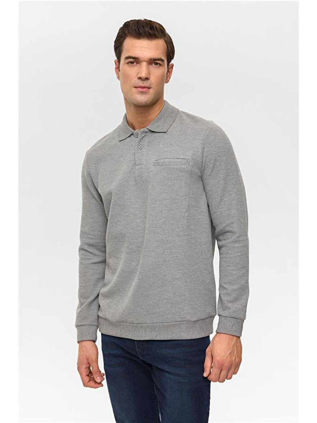 Gri Regular Armürlü Polo Yaka Sweatshirt-1
