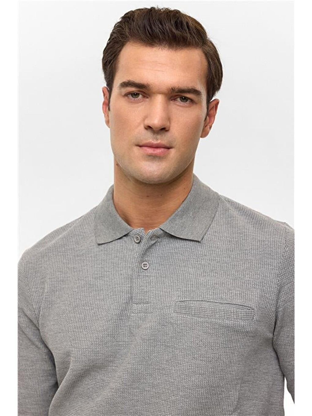 Gri Regular Armürlü Polo Yaka Sweatshirt-2