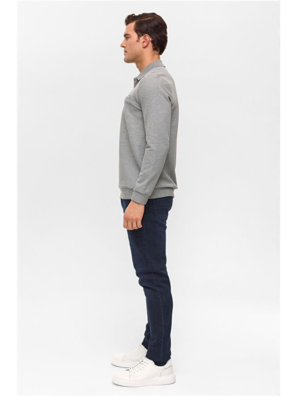 Gri Regular Armürlü Polo Yaka Sweatshirt-3