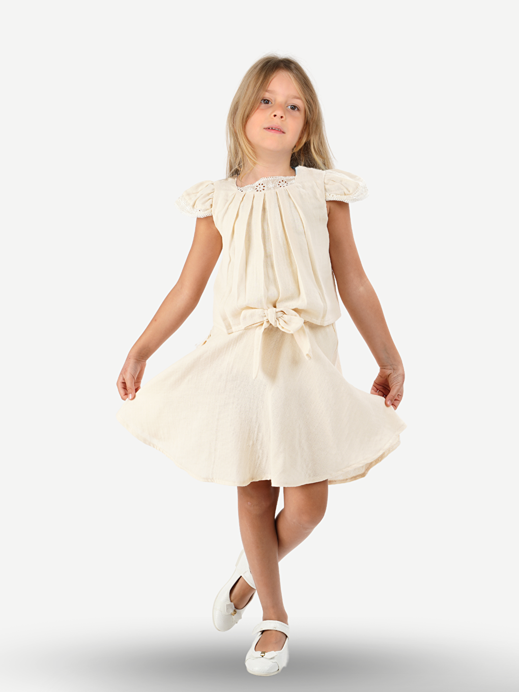 Casabony Bej Muslin Dantelli Kız Çocuk Tunik + Etekli Takım
