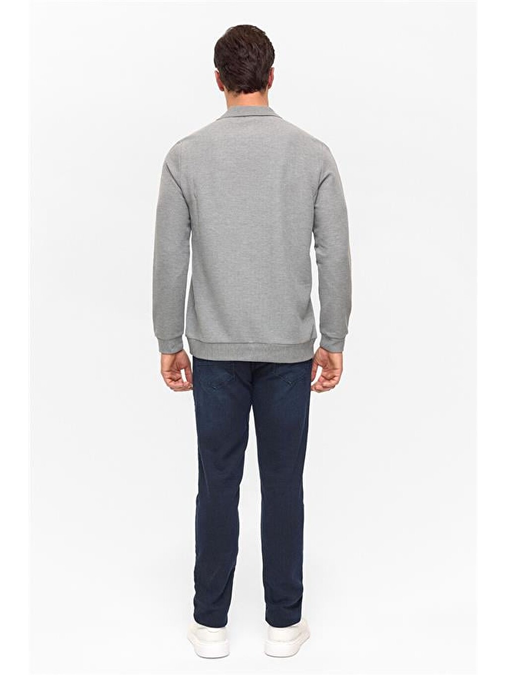 Gri Regular Armürlü Polo Yaka Sweatshirt-4