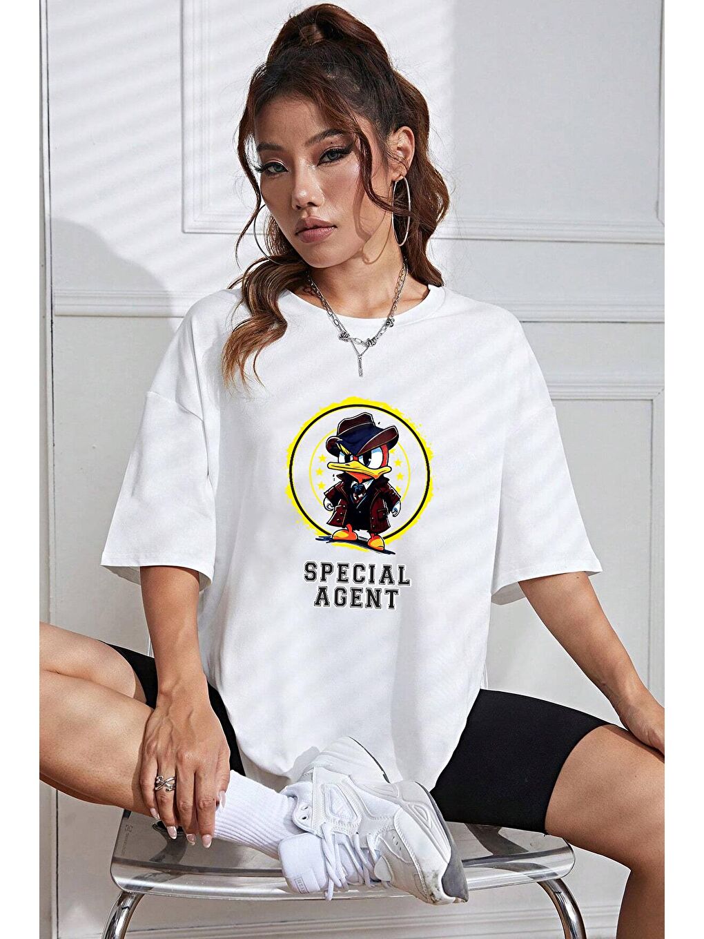 uyguntarz Beyaz Unisex Special Agent Baskılı Oversize Tshirt