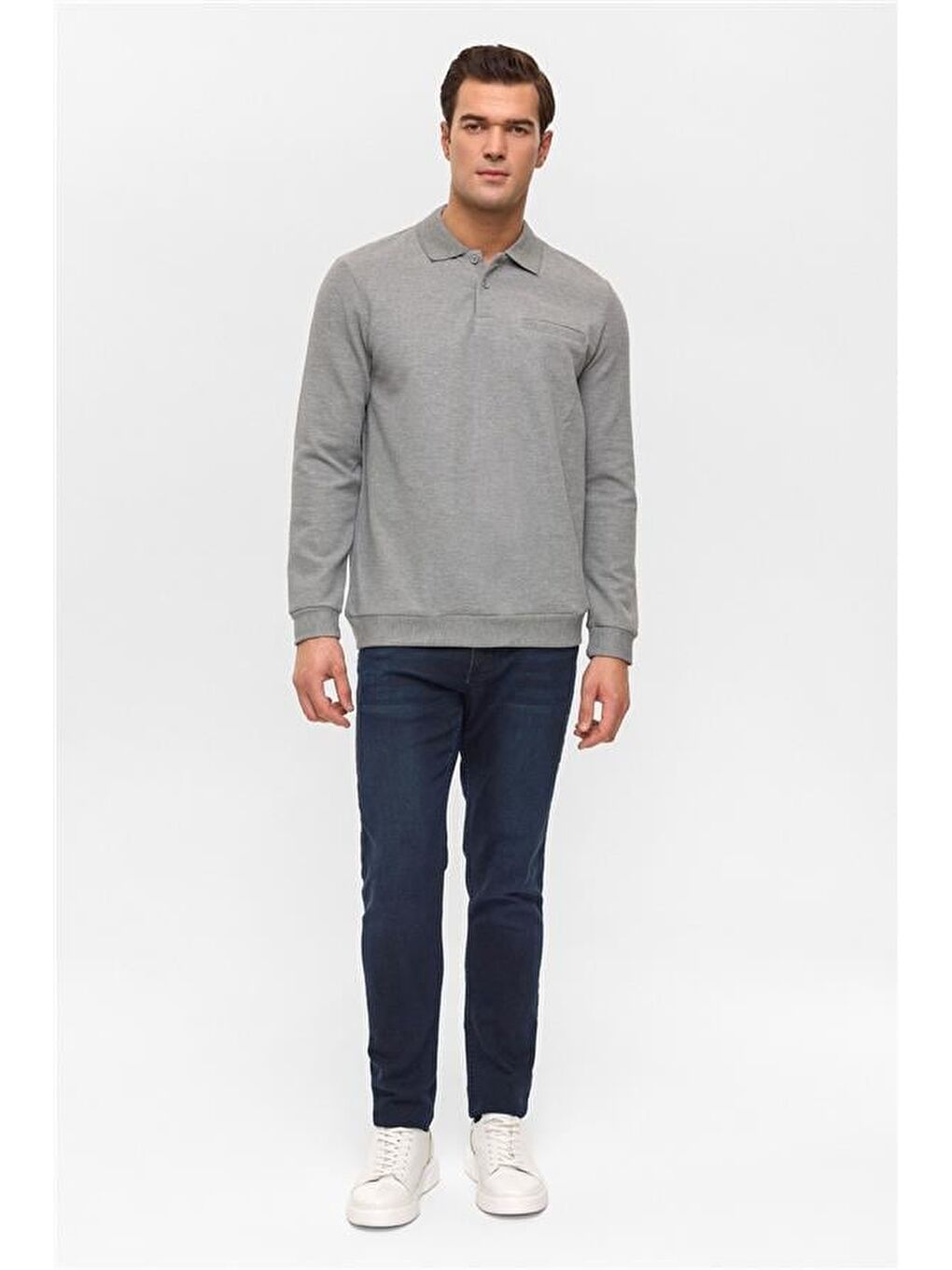 Gri Regular Armürlü Polo Yaka Sweatshirt-5