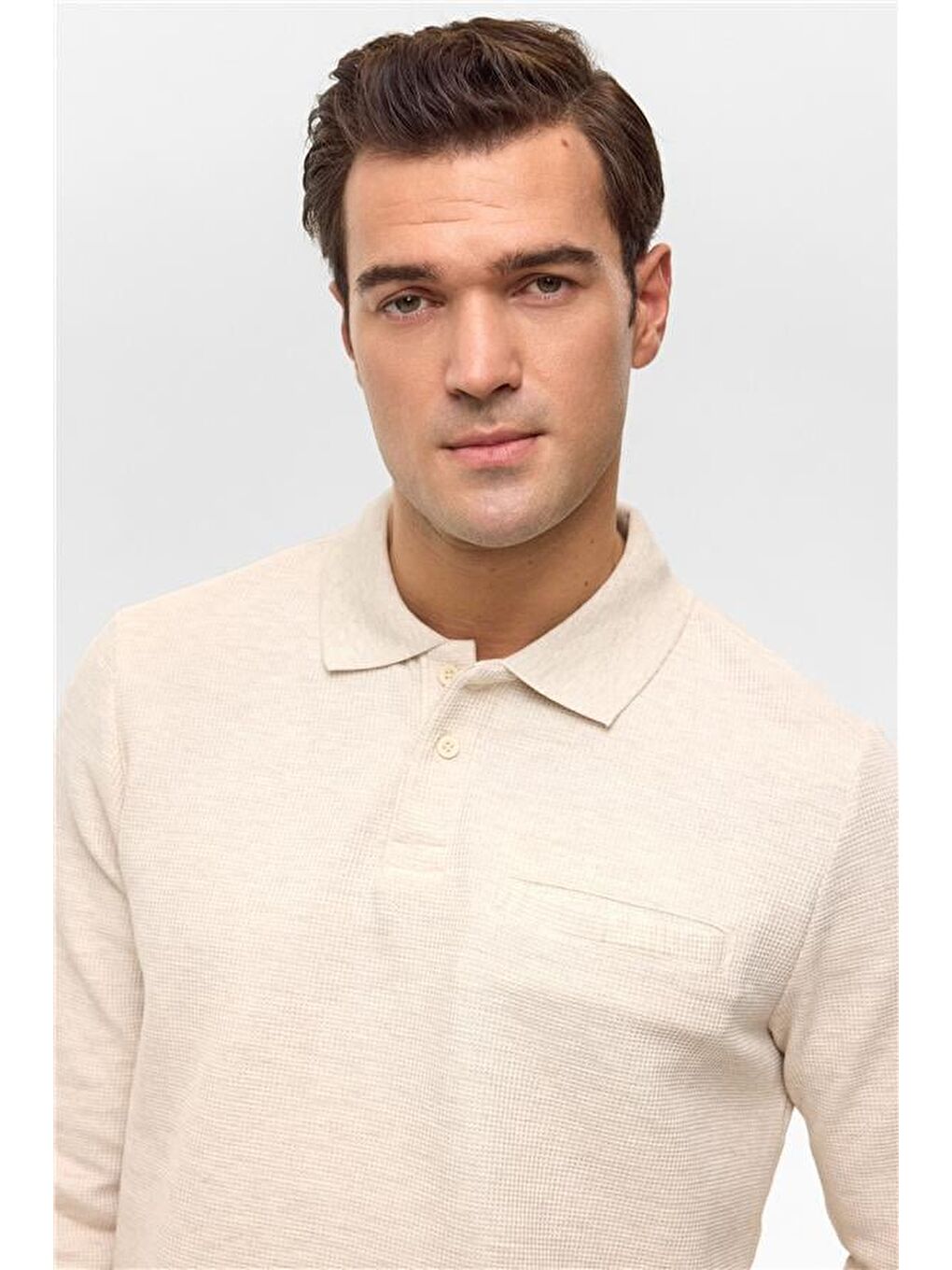 Bej Regular Armürlü Polo Yaka Sweatshirt-1