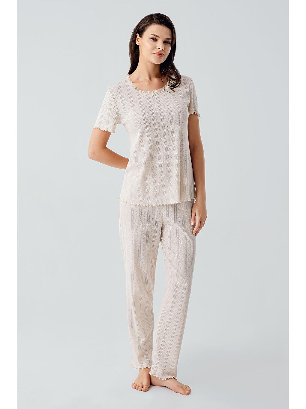 Bej Kısa Kollu Ajurlu Askılı Esnek Pamuklu Pijama Takım