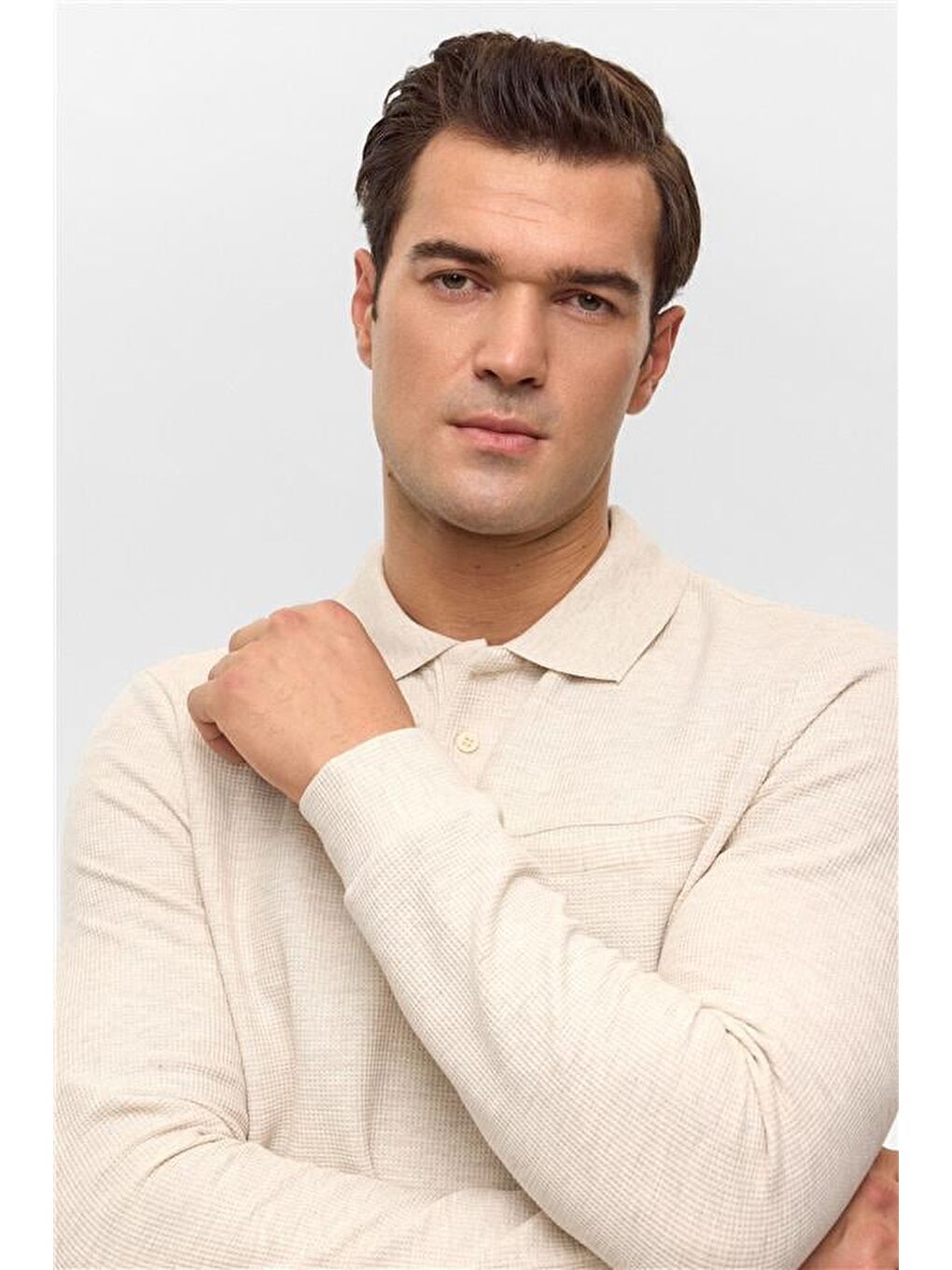 Bej Regular Armürlü Polo Yaka Sweatshirt-2