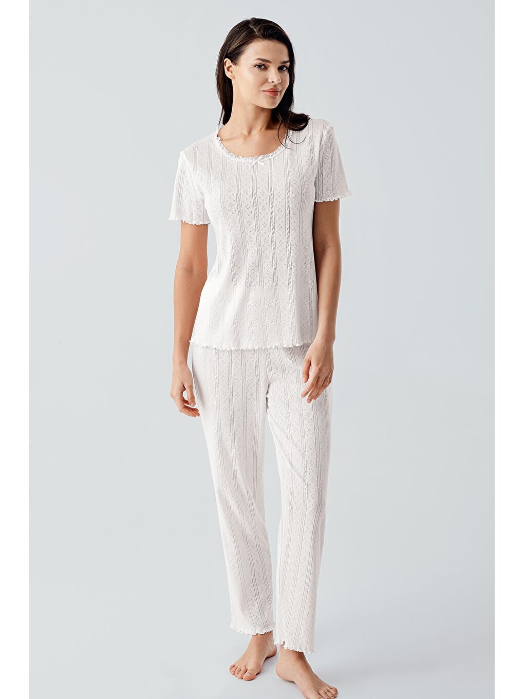 Bej Kısa Kollu Ajurlu Askılı Esnek Pamuklu Pijama Takım-1