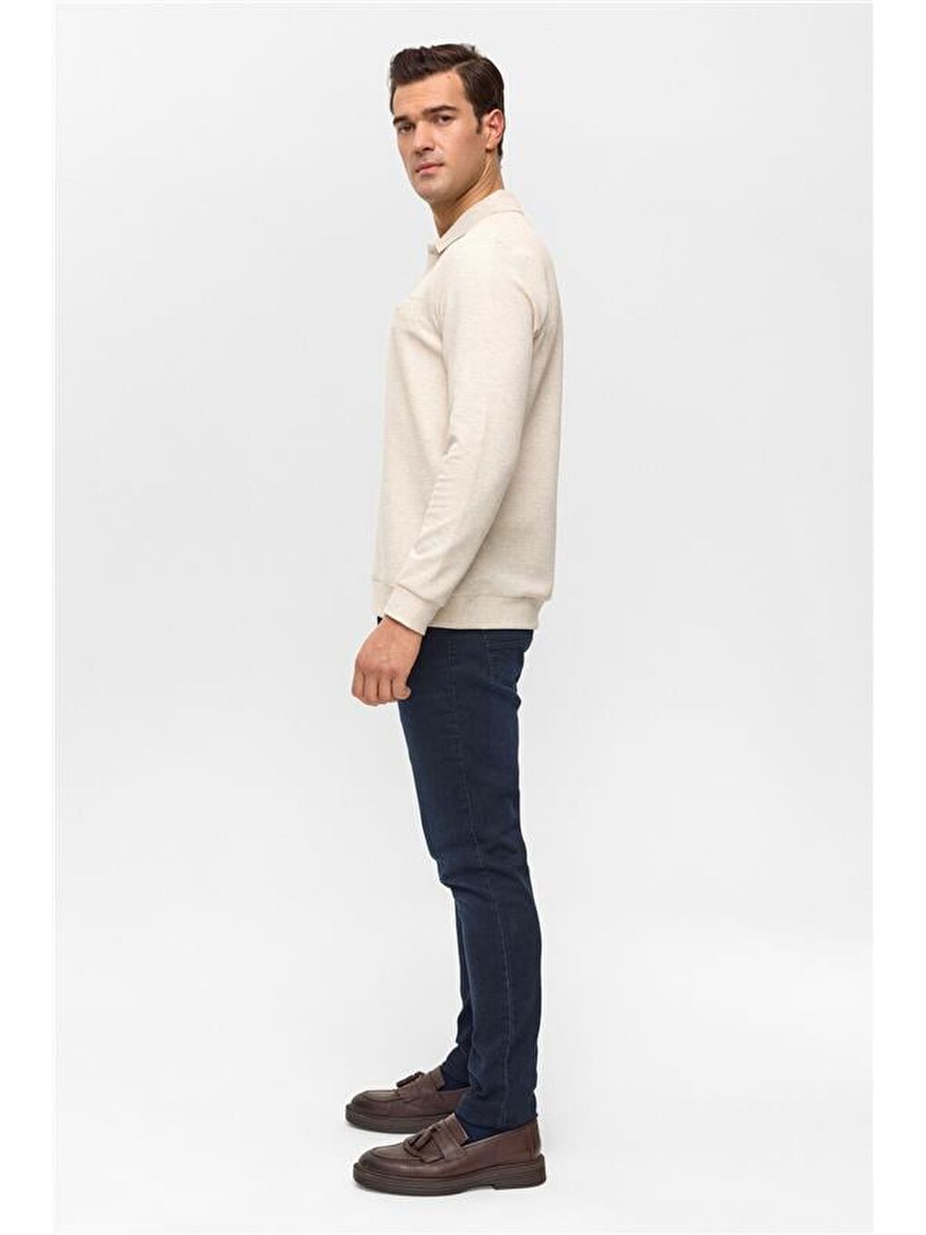 Bej Regular Armürlü Polo Yaka Sweatshirt-3