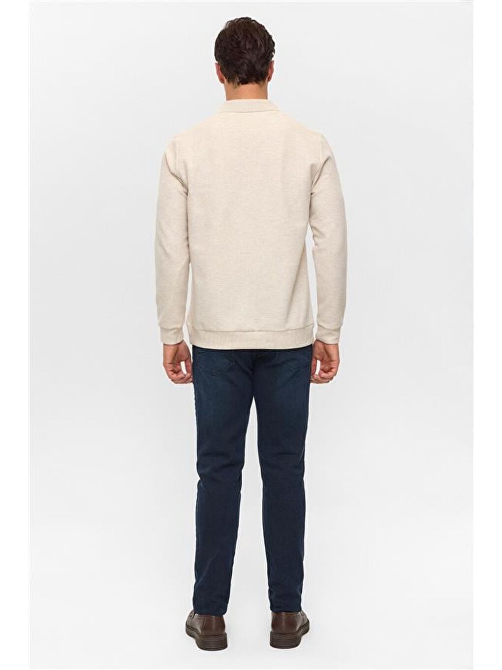 Bej Regular Armürlü Polo Yaka Sweatshirt-4