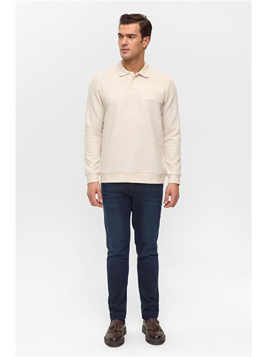 Bej Regular Armürlü Polo Yaka Sweatshirt-5