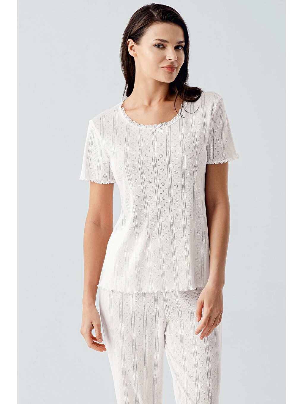 Ekru Kısa Kollu Ajurlu Askılı Esnek Pamuklu Pijama Takım