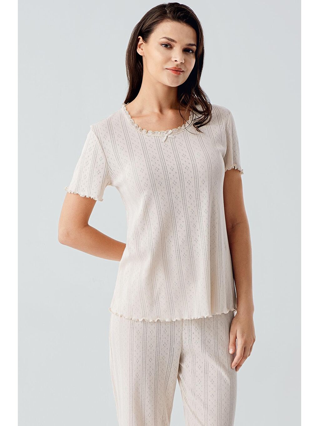 Ekru Kısa Kollu Ajurlu Askılı Esnek Pamuklu Pijama Takım-1