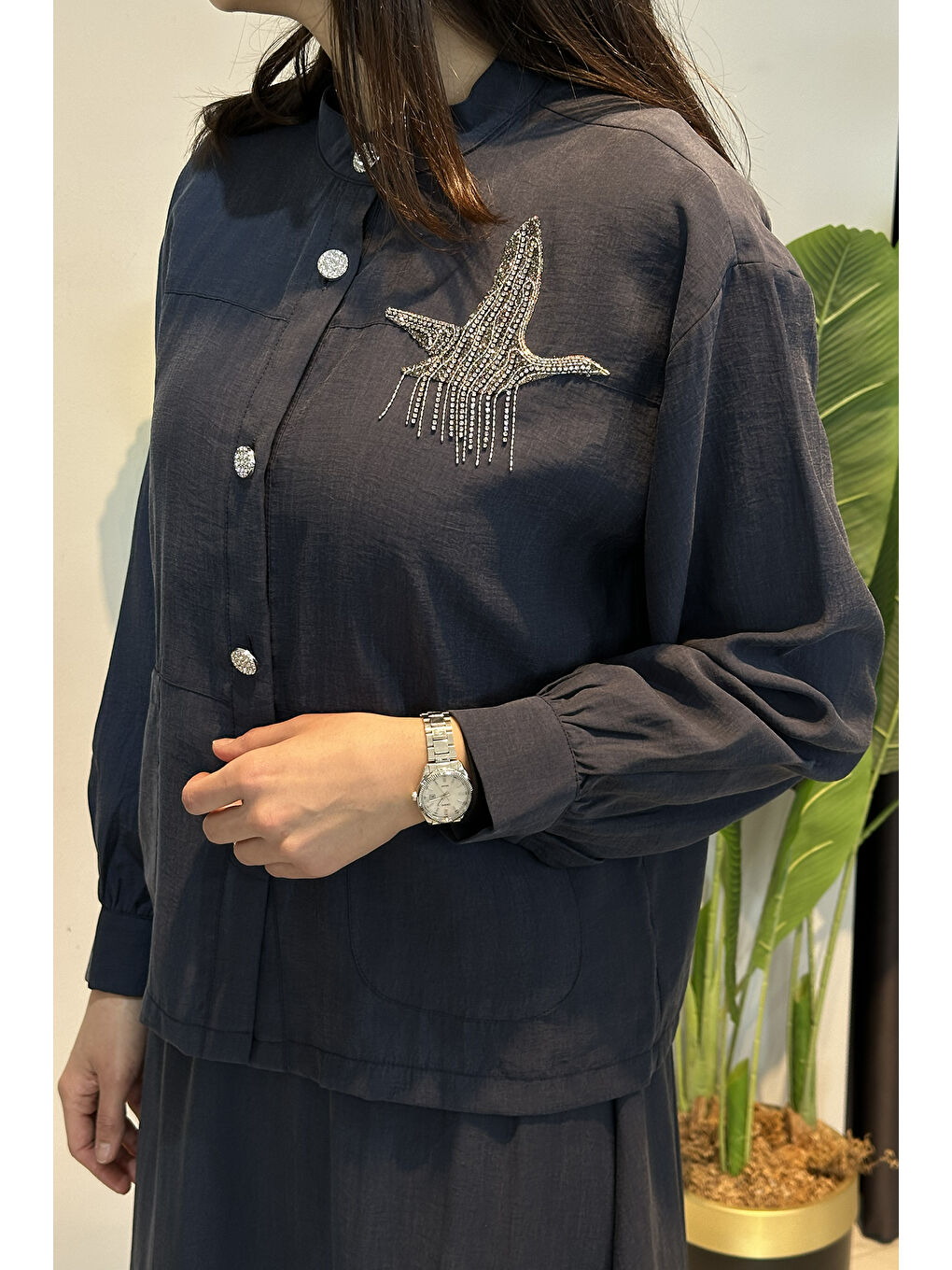 Taş İşlemeli Gömlek Çan Etek Takım 4443 Lacivert-1