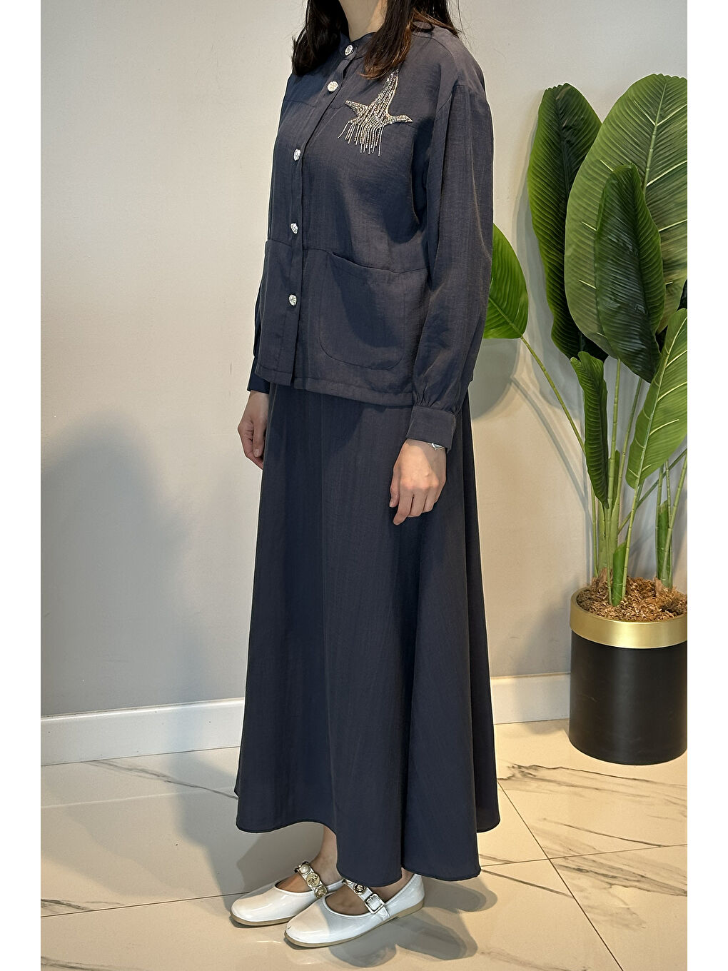 Taş İşlemeli Gömlek Çan Etek Takım 4443 Lacivert-2