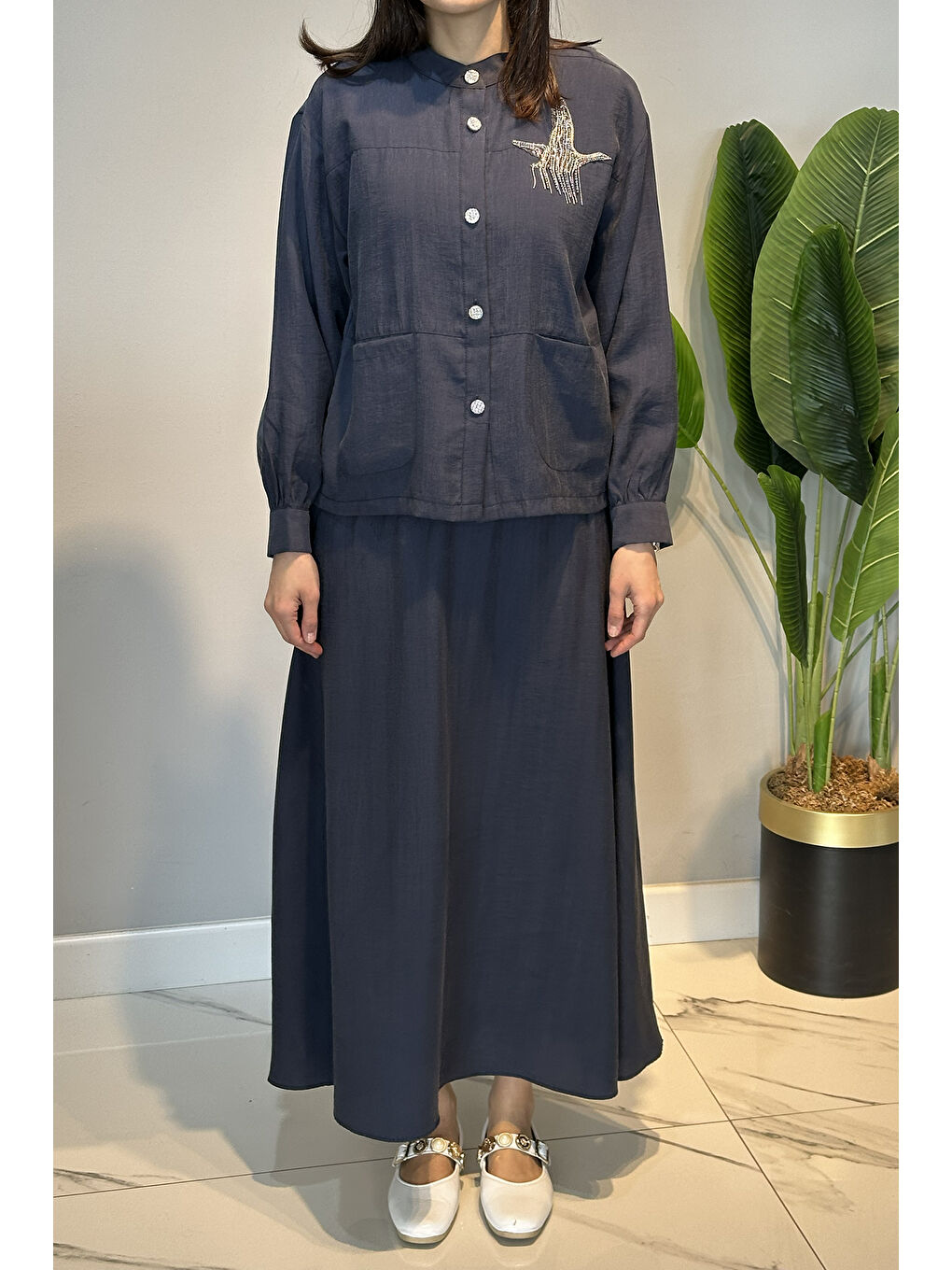 Taş İşlemeli Gömlek Çan Etek Takım 4443 Lacivert-4