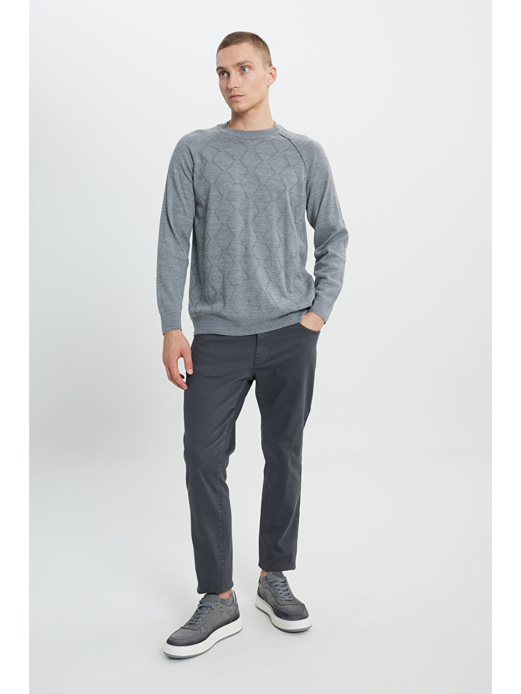 Erkek Gri Standart Fit Normal Kesim Bisiklet Yaka Jakarlı Triko Kazak-1