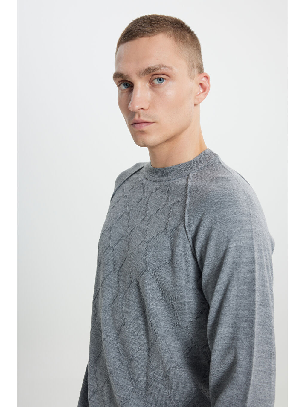 Erkek Gri Standart Fit Normal Kesim Bisiklet Yaka Jakarlı Triko Kazak-3