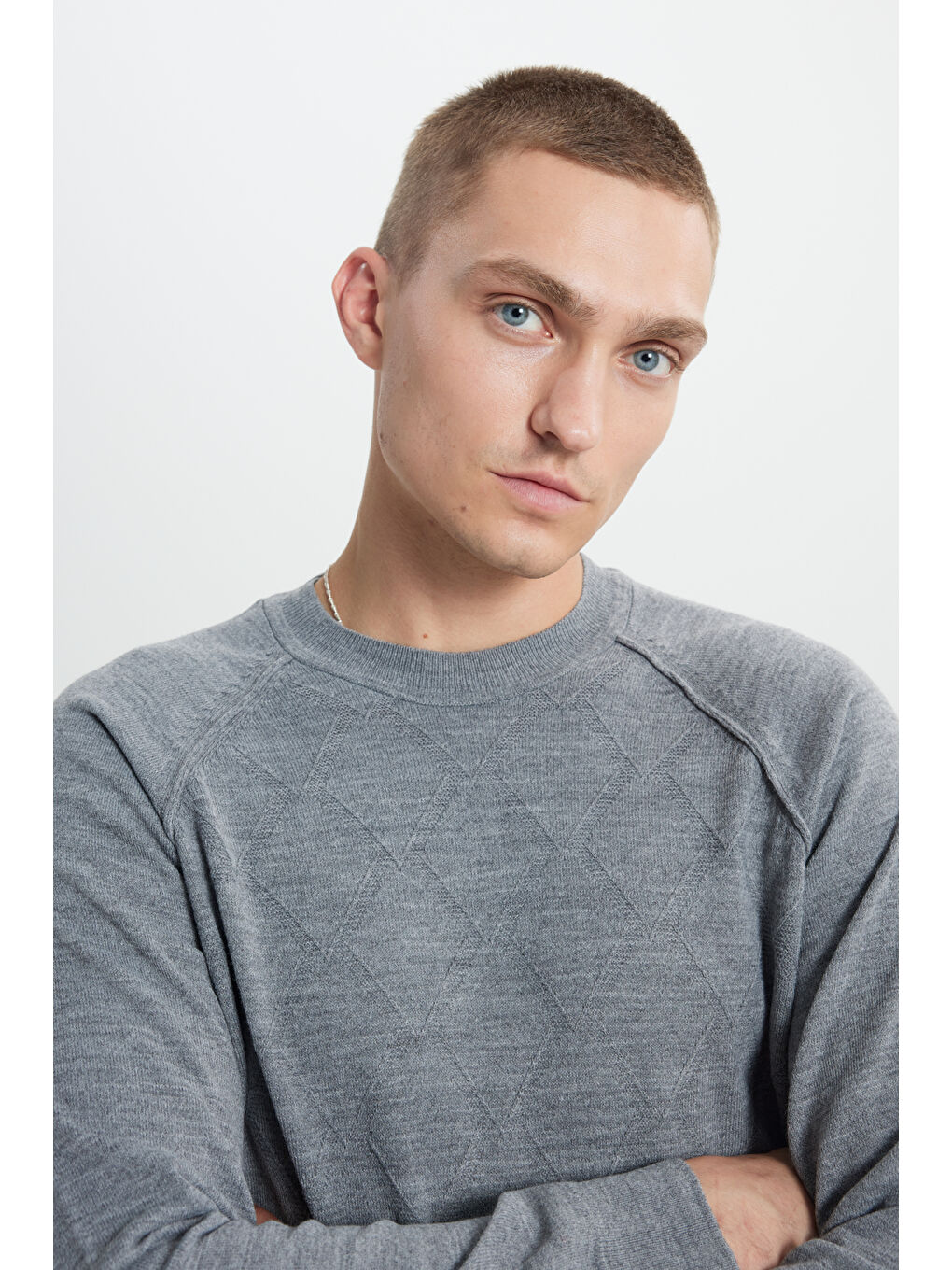 Erkek Gri Standart Fit Normal Kesim Bisiklet Yaka Jakarlı Triko Kazak-4