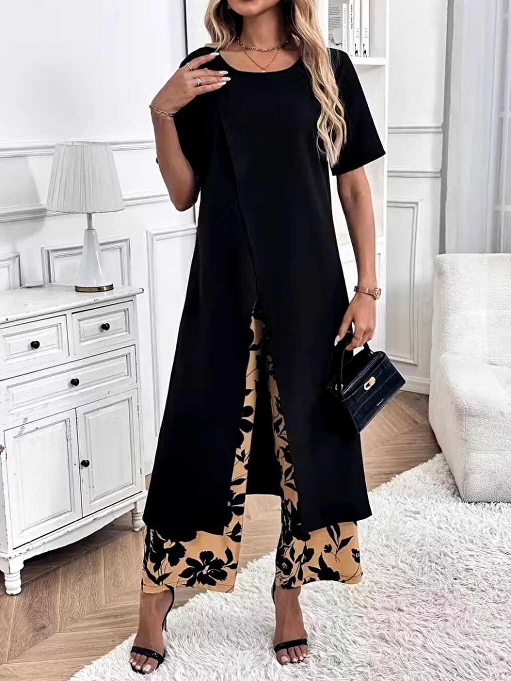 Siyah Kadın Kısa Kollu önden çapraz Detaylı Viskon Uzun Bluz Ve Desenli Iki Iplik Pantolon Ikili Takım
