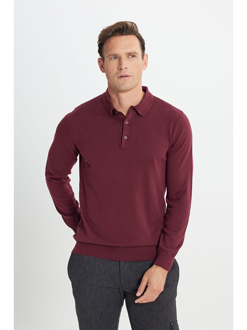 Erkek Bordo Standart Fit Normal Kesim Polo Yaka Pamuklu Triko Kazak