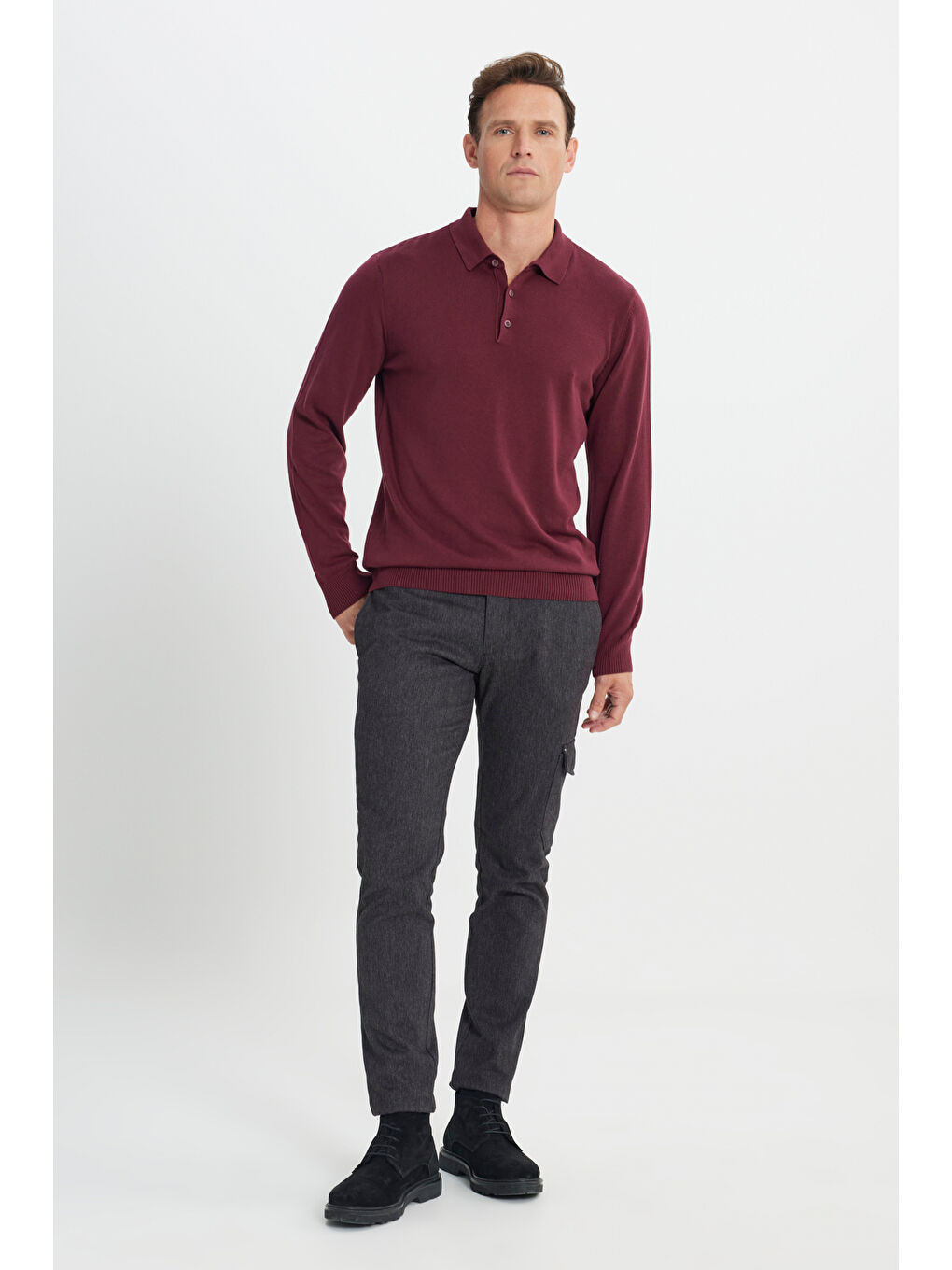Erkek Bordo Standart Fit Normal Kesim Polo Yaka Pamuklu Triko Kazak-1