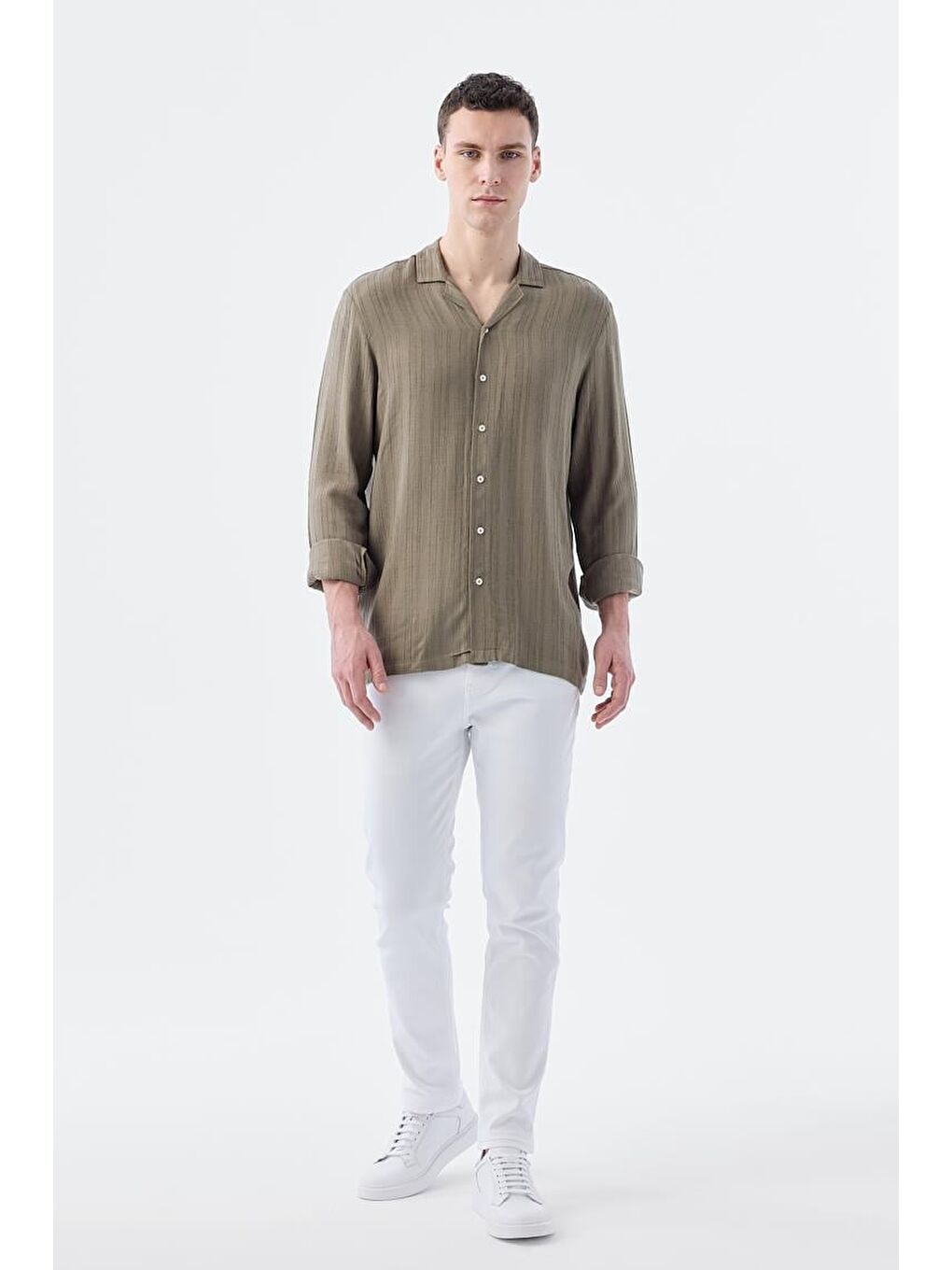 Haki Klasik Fit Apaş Yaka Çizgili %100 Pamuk Bohem Gömlek-1