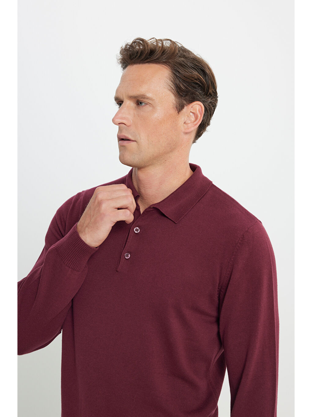 Erkek Bordo Standart Fit Normal Kesim Polo Yaka Pamuklu Triko Kazak-3
