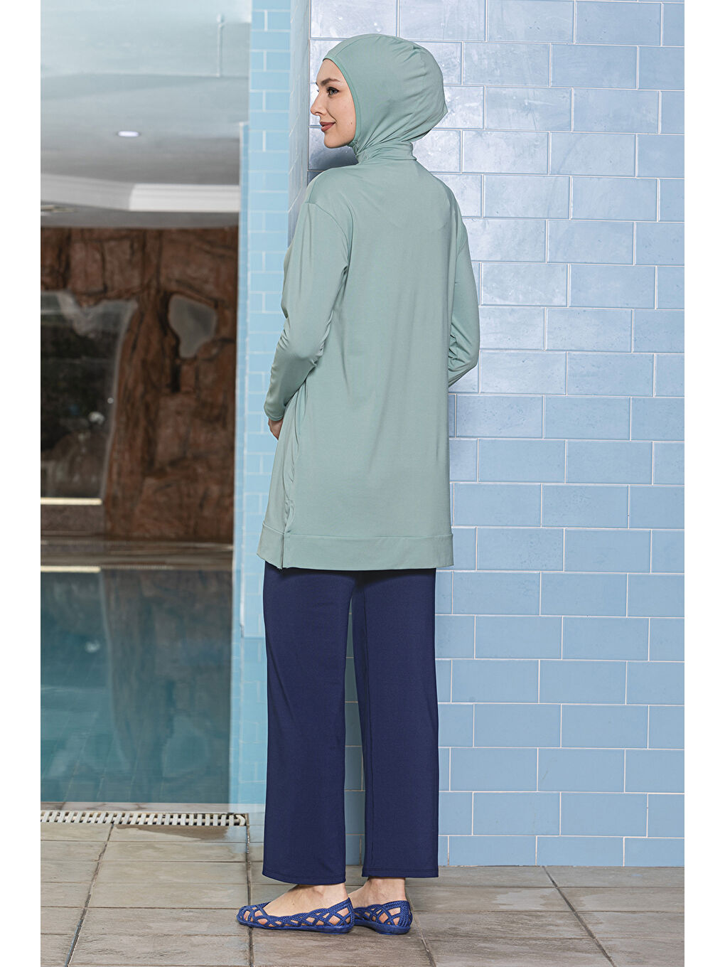 Yeşil Önü Cepli Elastanlı Tam Kapalı Tesettür Mayo 1254 Mint-1
