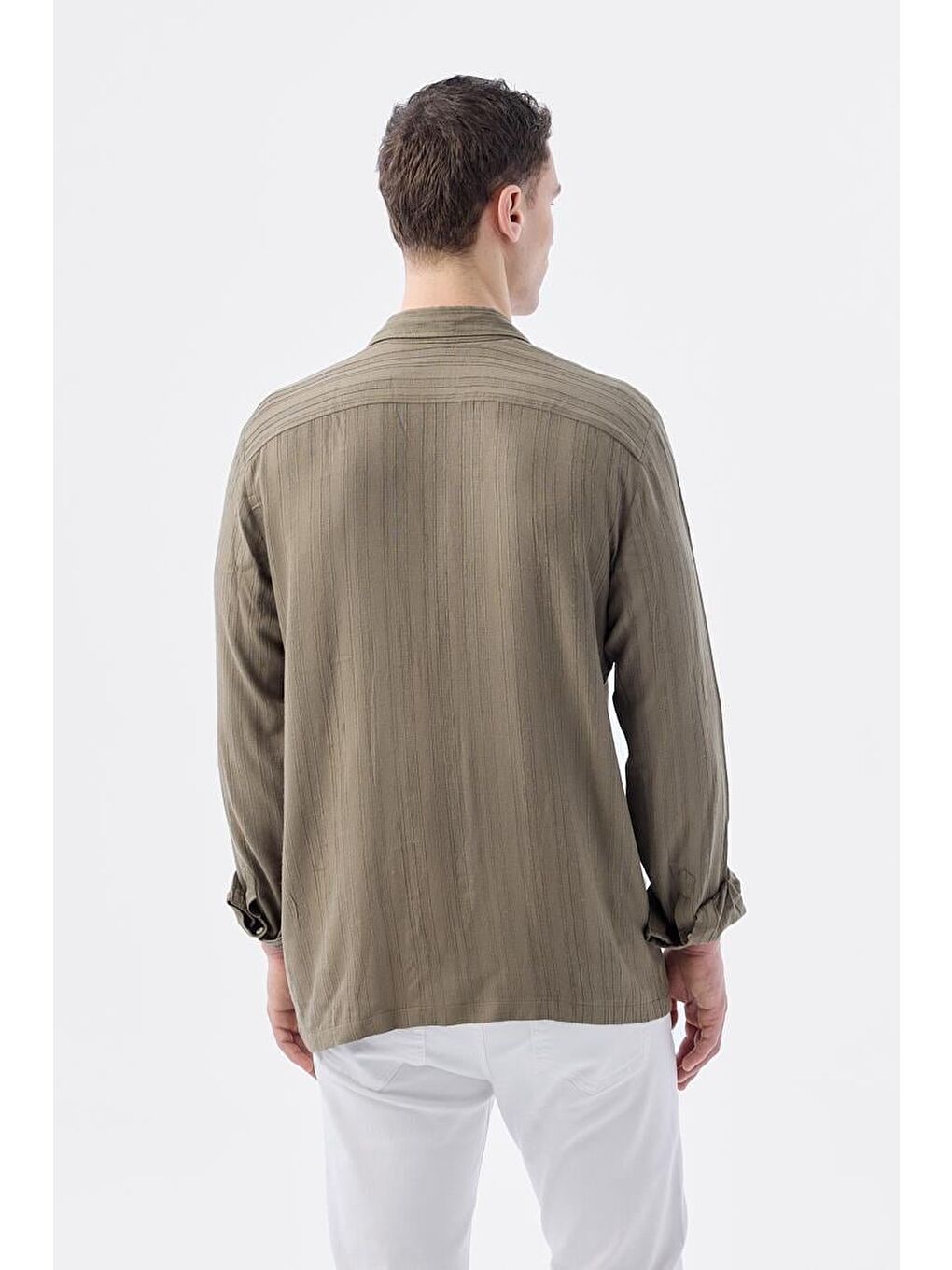 Haki Klasik Fit Apaş Yaka Çizgili %100 Pamuk Bohem Gömlek-3