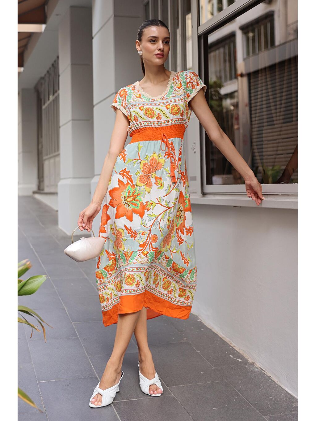 1701 Beli Lastikli Desenli Elbise - Turuncu