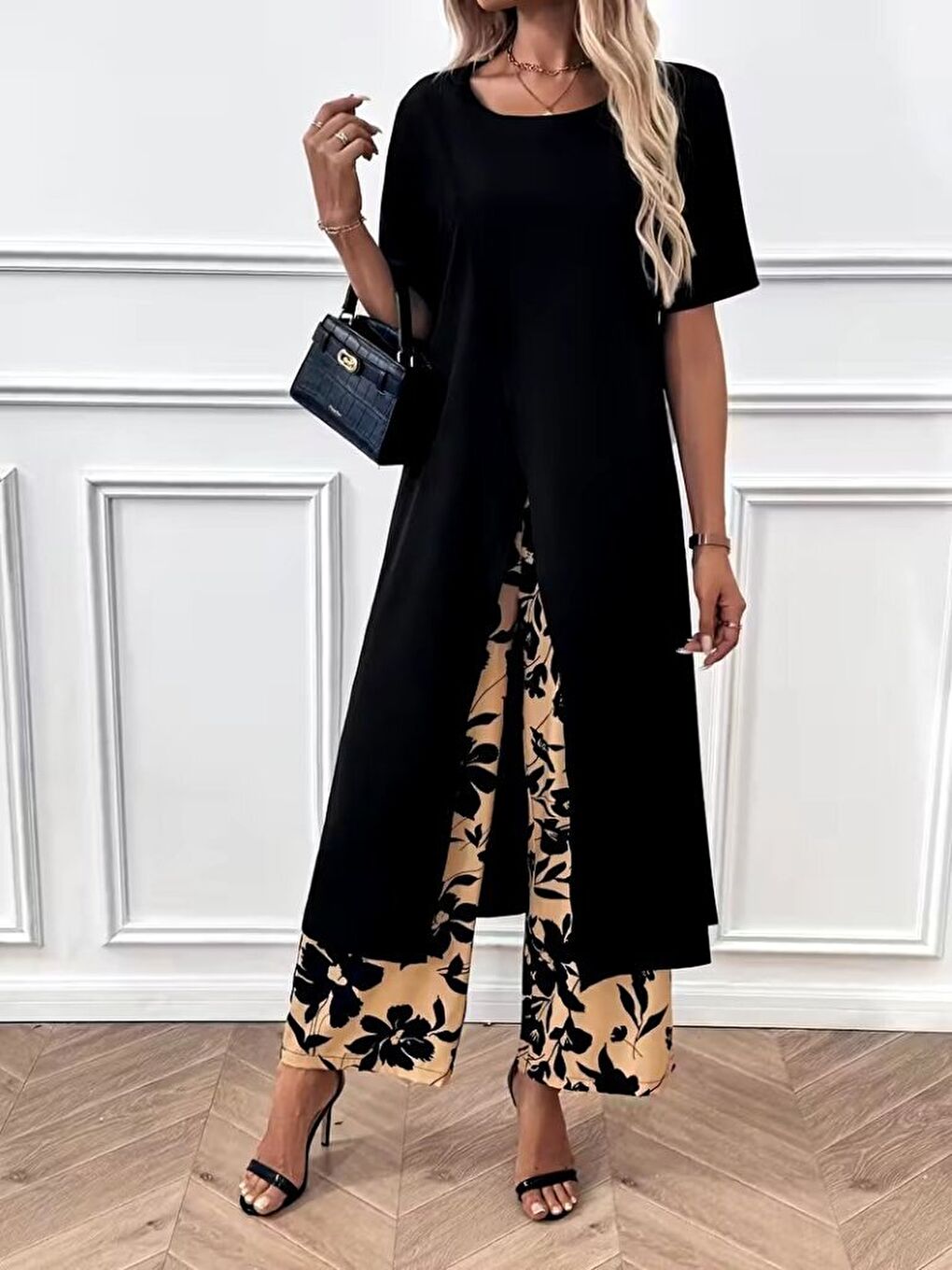Siyah Kadın Kısa Kollu önden çapraz Detaylı Viskon Uzun Bluz Ve Desenli Iki Iplik Pantolon Ikili Takım-1