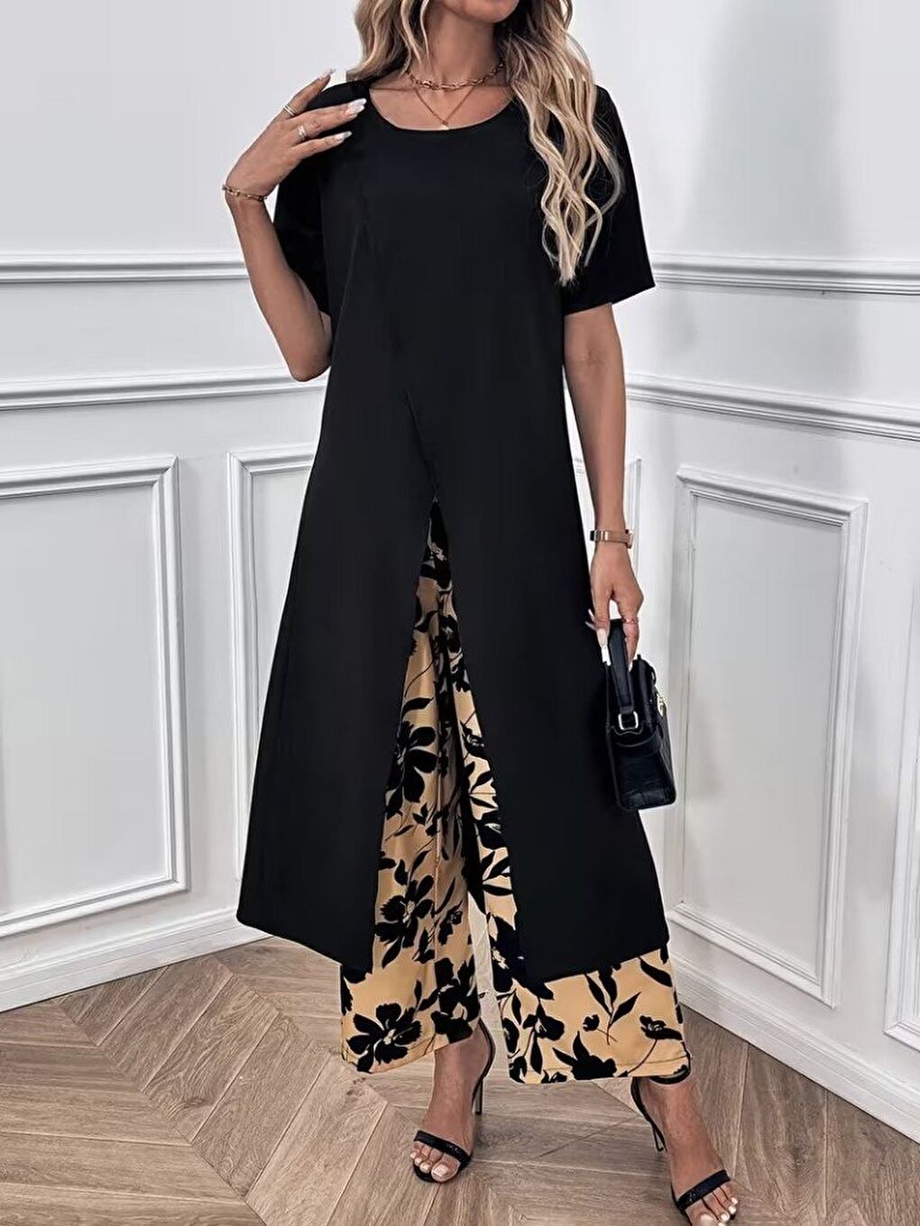 Siyah Kadın Kısa Kollu önden çapraz Detaylı Viskon Uzun Bluz Ve Desenli Iki Iplik Pantolon Ikili Takım-2