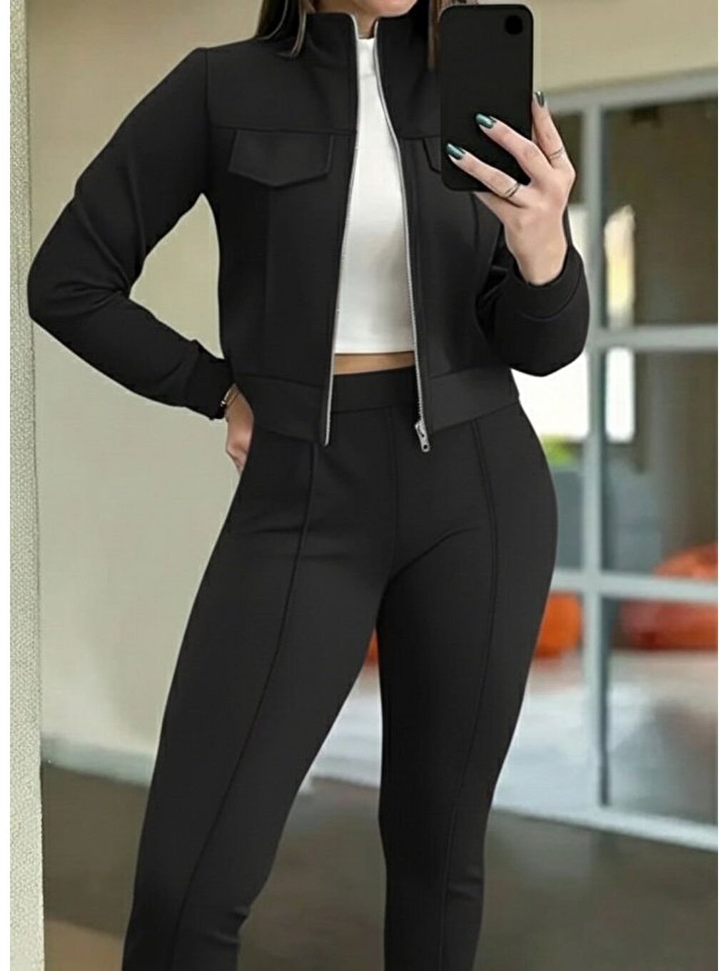 Siyah Kadın Uzun Kollu önden Fermuarlı Kısa Modal Ceket Ve Pantolon Ikili Takım-1