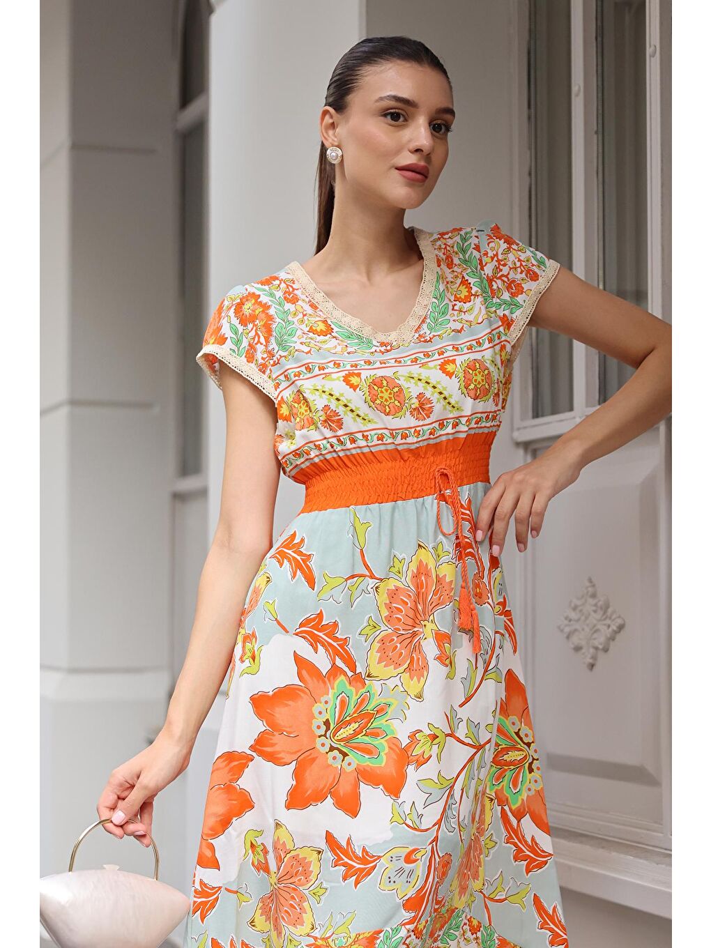 1701 Beli Lastikli Desenli Elbise - Turuncu-1