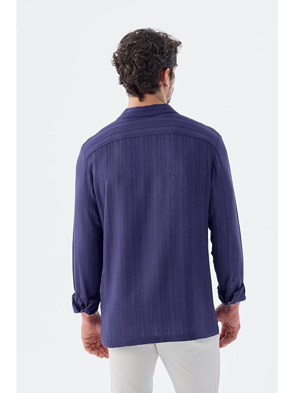 Mavi Saks Klasik Fit Apaş Yaka Çizgili %100 Pamuk Bohem Gömlek-3