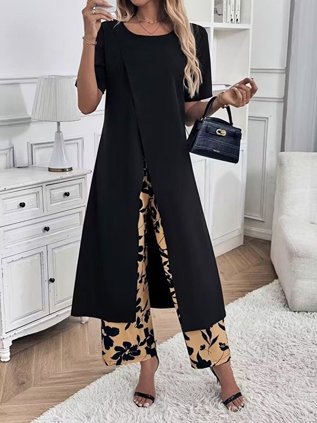 Siyah Kadın Kısa Kollu önden çapraz Detaylı Viskon Uzun Bluz Ve Desenli Iki Iplik Pantolon Ikili Takım-3