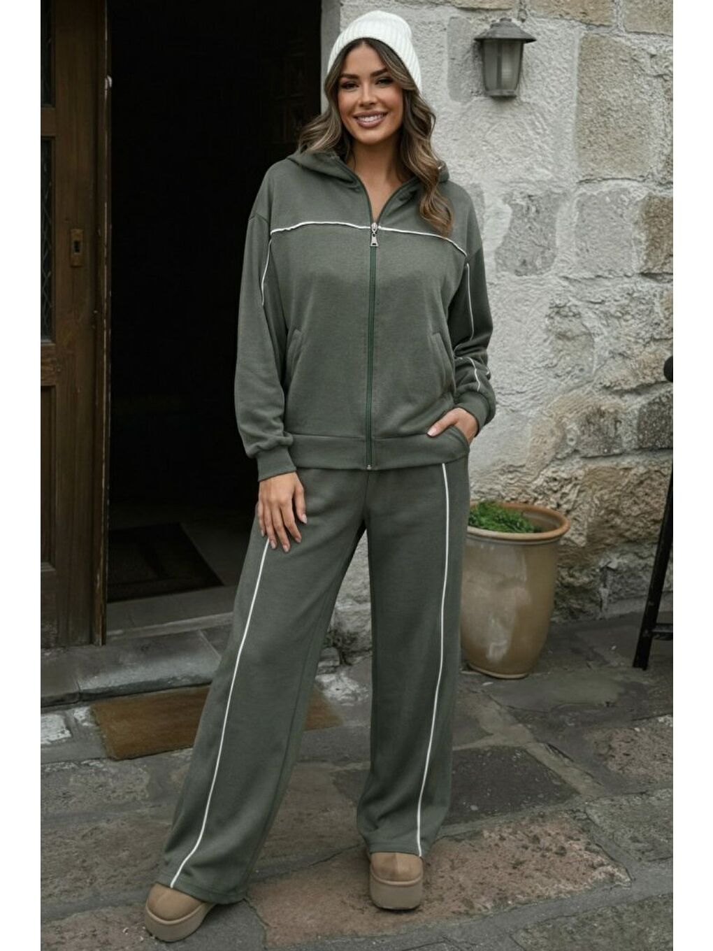 Yeşil Kadın Uzun Kollu önden Fermuarlı Bluz Ve Pantolon Modal Ikili Takım