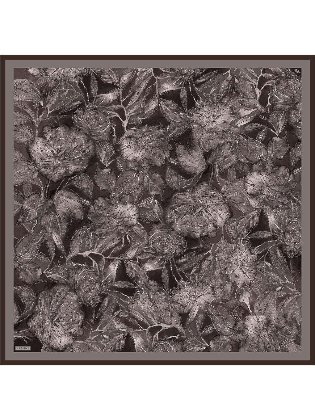 Kahverengi Çiçek Desenli Saf İpek Twill Eşarp 9409D 82-4