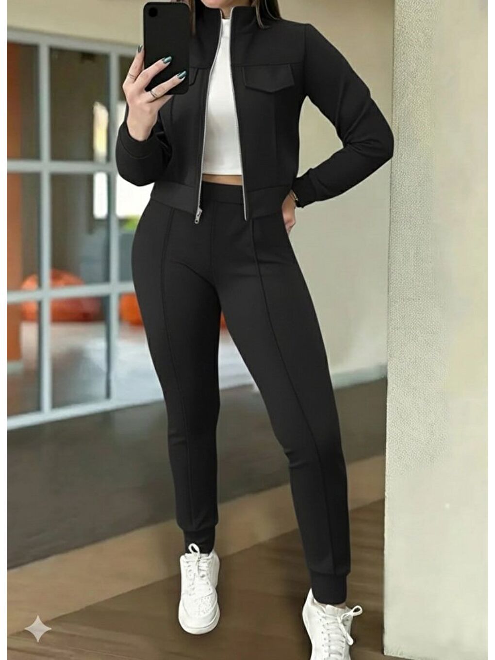 Siyah Kadın Uzun Kollu önden Fermuarlı Kısa Modal Ceket Ve Pantolon Ikili Takım-3