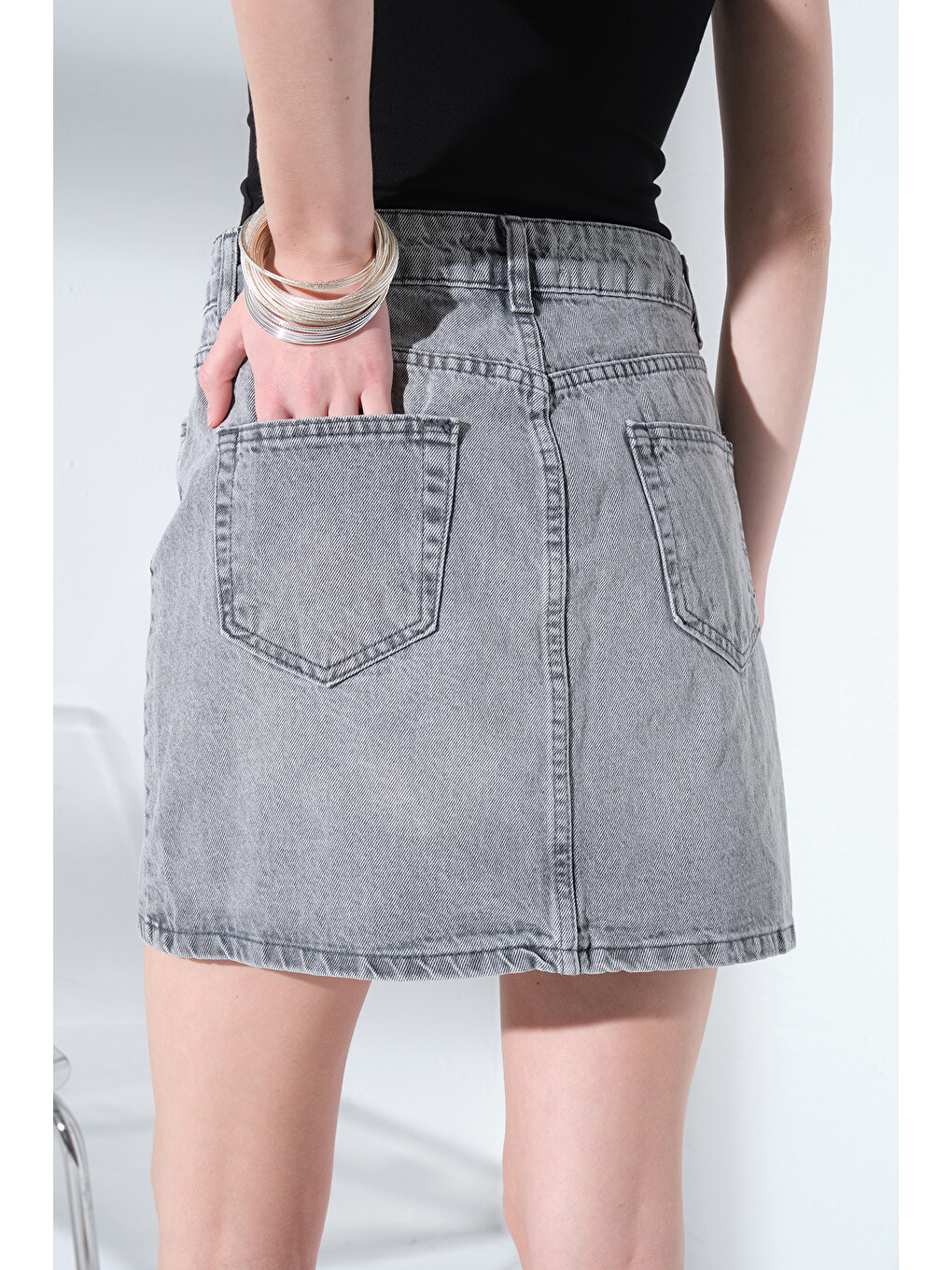 Gri %100 Pamuk 5 cep denim Jean Kadın Jean mini etek @Latina-3