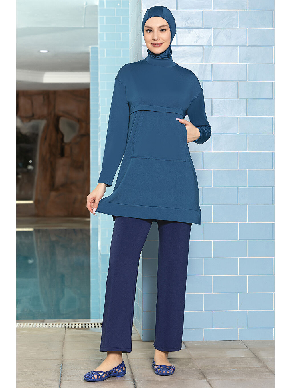 Önü Cepli Elastanlı Tam Kapalı Tesettür Mayo 1254 Petrol