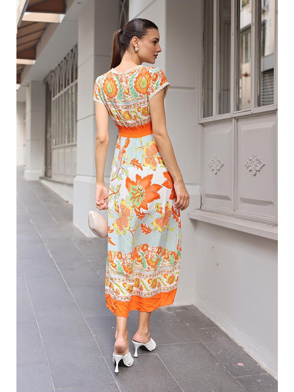 1701 Beli Lastikli Desenli Elbise - Turuncu-2