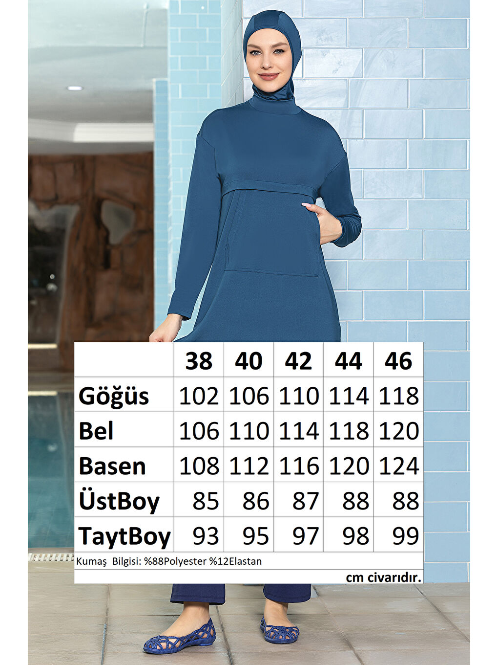 Önü Cepli Elastanlı Tam Kapalı Tesettür Mayo 1254 Petrol-2