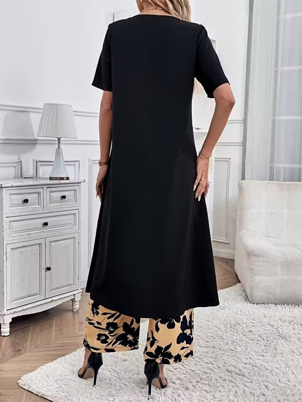 Siyah Kadın Kısa Kollu önden çapraz Detaylı Viskon Uzun Bluz Ve Desenli Iki Iplik Pantolon Ikili Takım-4