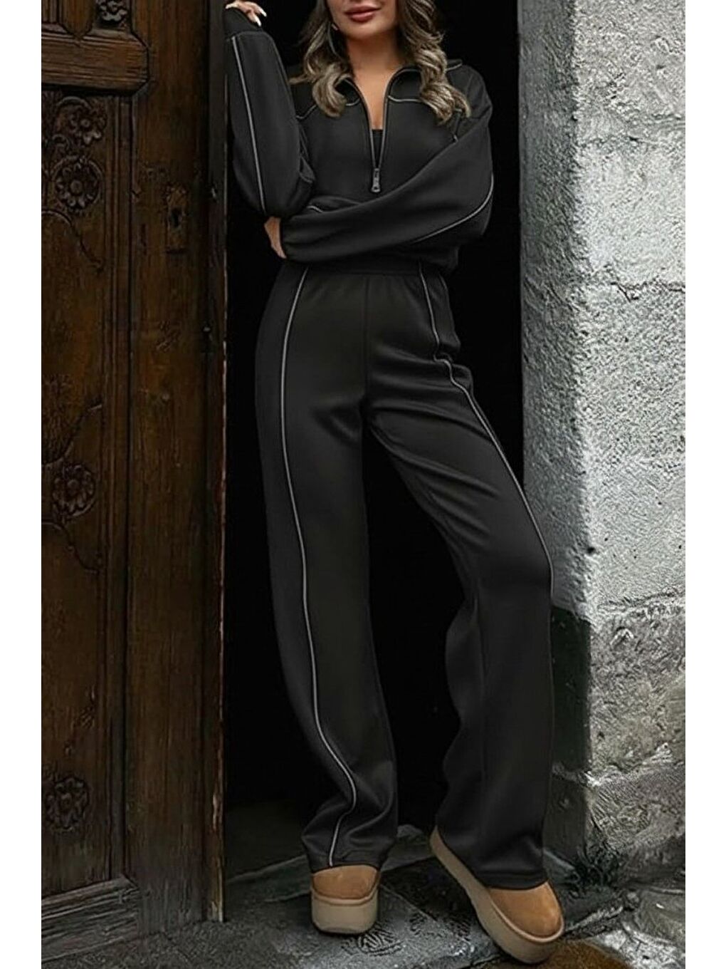 Siyah Kadın Uzun Kollu önden Fermuarlı Bluz Ve Pantolon Modal Ikili Takım-2