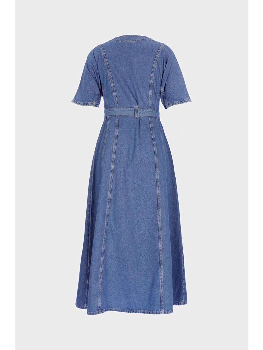 Açık Mavi V Yaka Düğmeli Bilek Boy Jean ElbiseC 4676-067-2